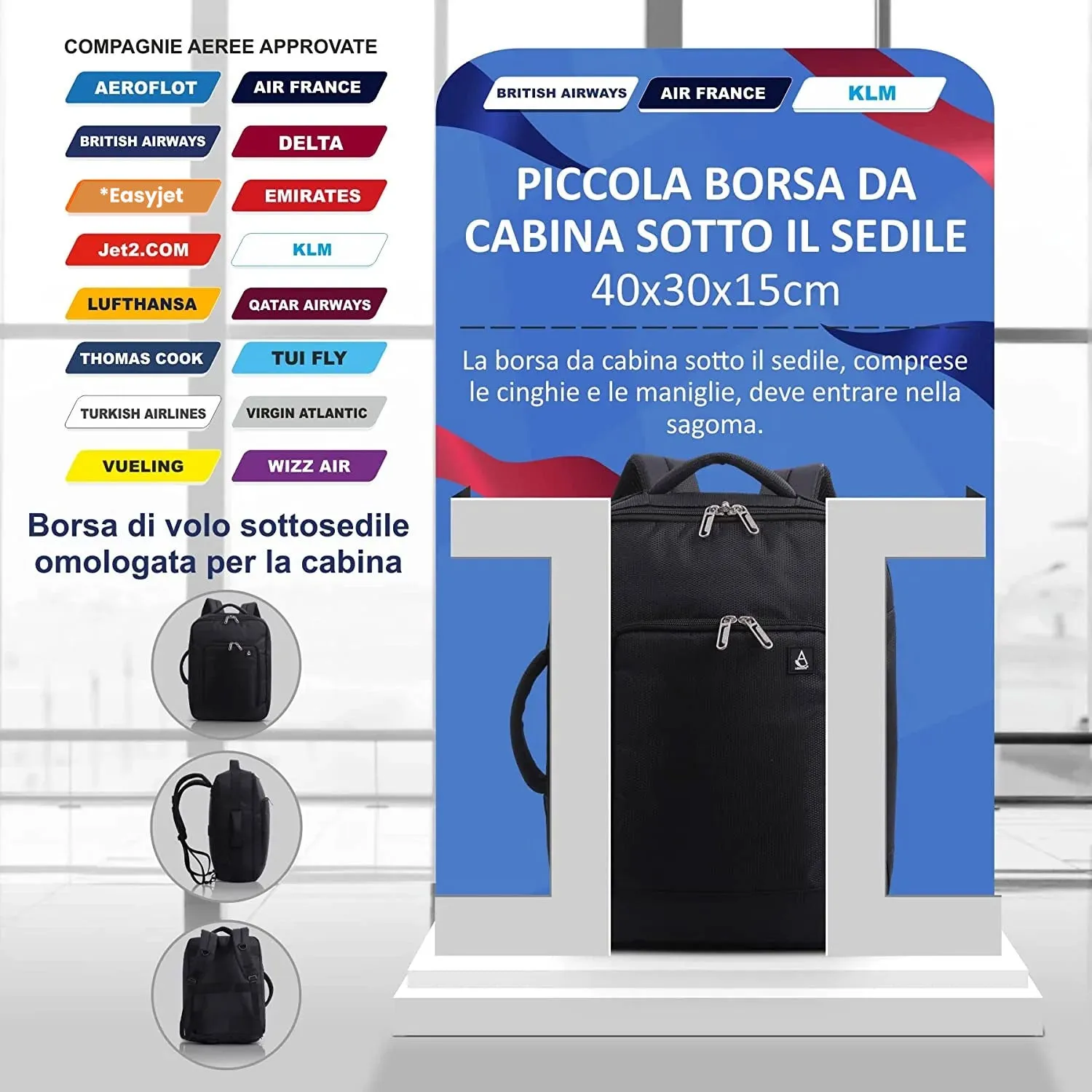 Aerolite 40x30x15cm Zaino Cabina Nero 18L Sottosedile