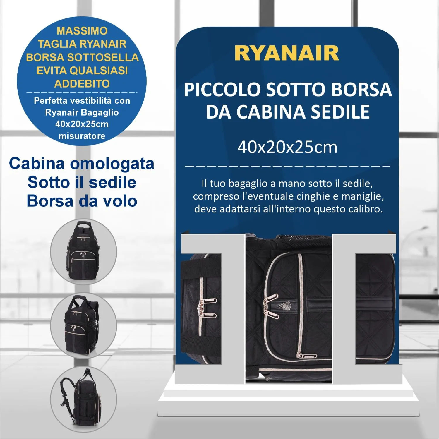 Aerolite 40x20x25 zaino nero 20L Ryanair trapuntato riciclato