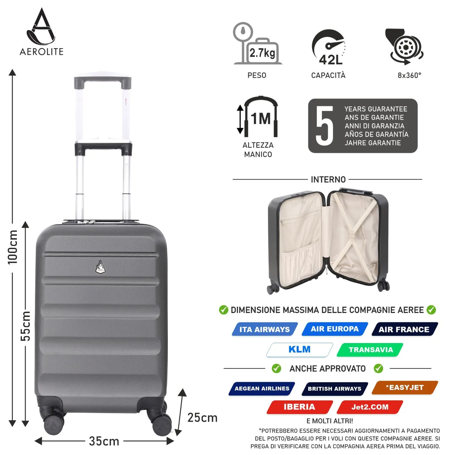 AeroLite 55x35x25 valigia rigida 42L TSA