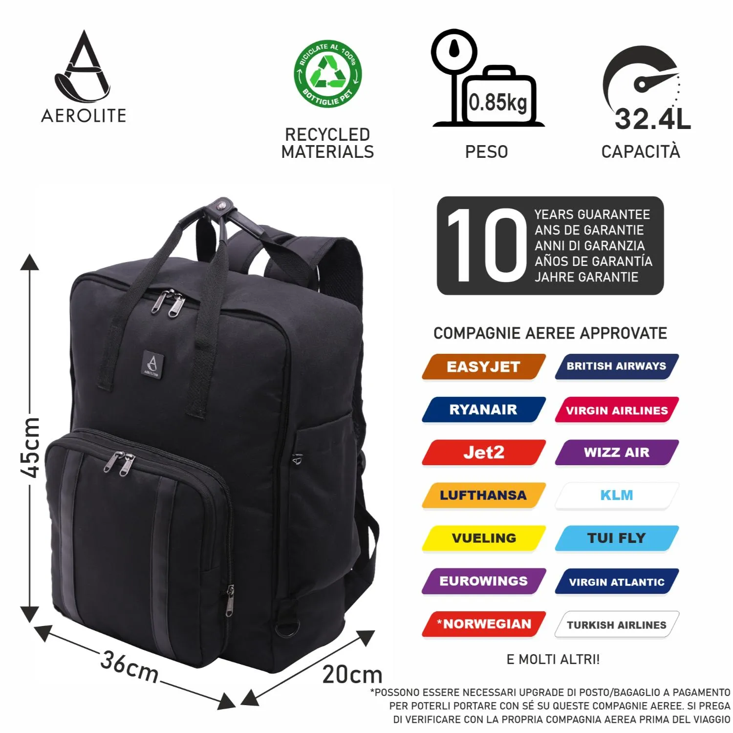 Aerolite 45x36x20cm Zaino Cabina 32,4L USB Easyjet