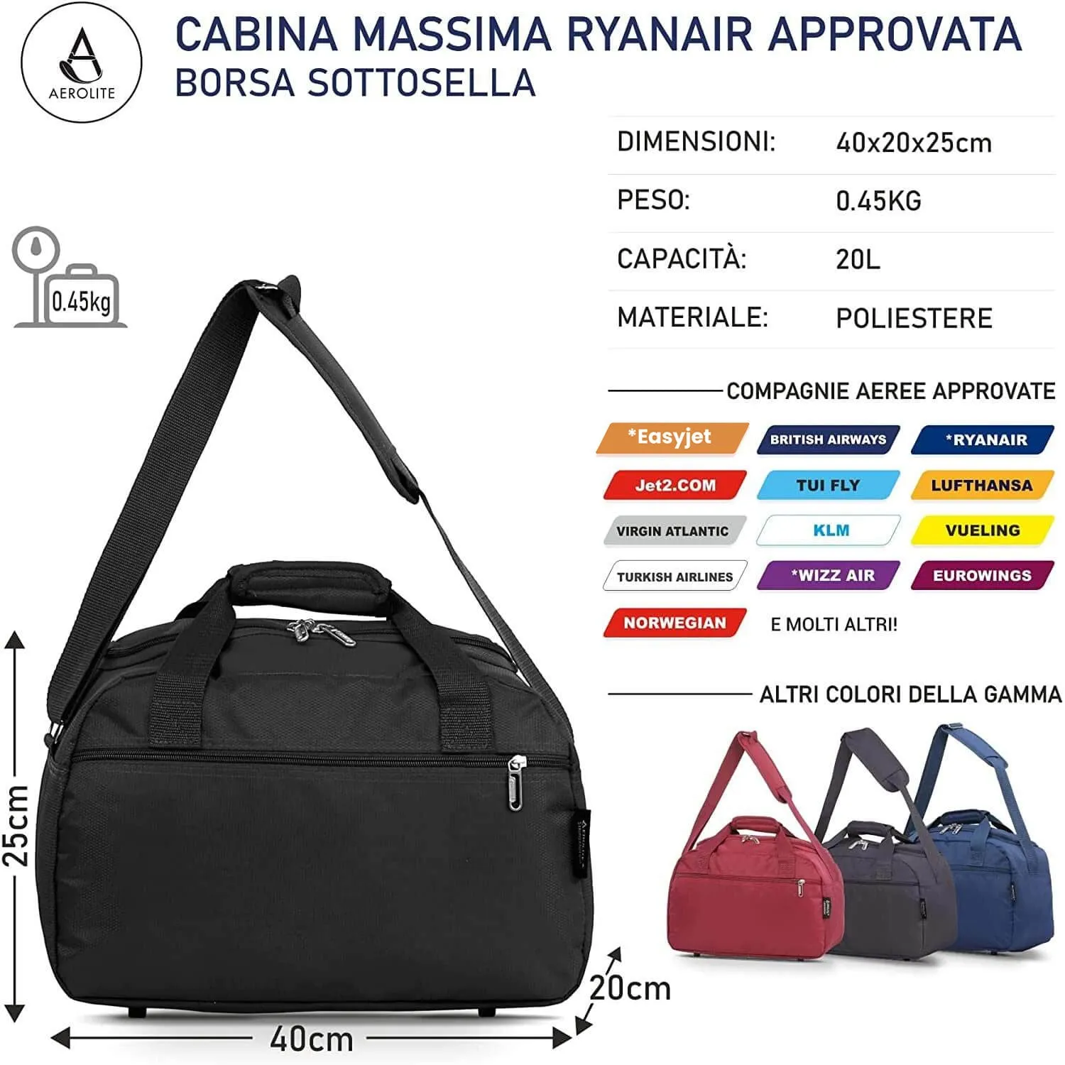 AeroLite 40x20x25 borsone nero 20L Ryanair 2 pezzi pieghevole