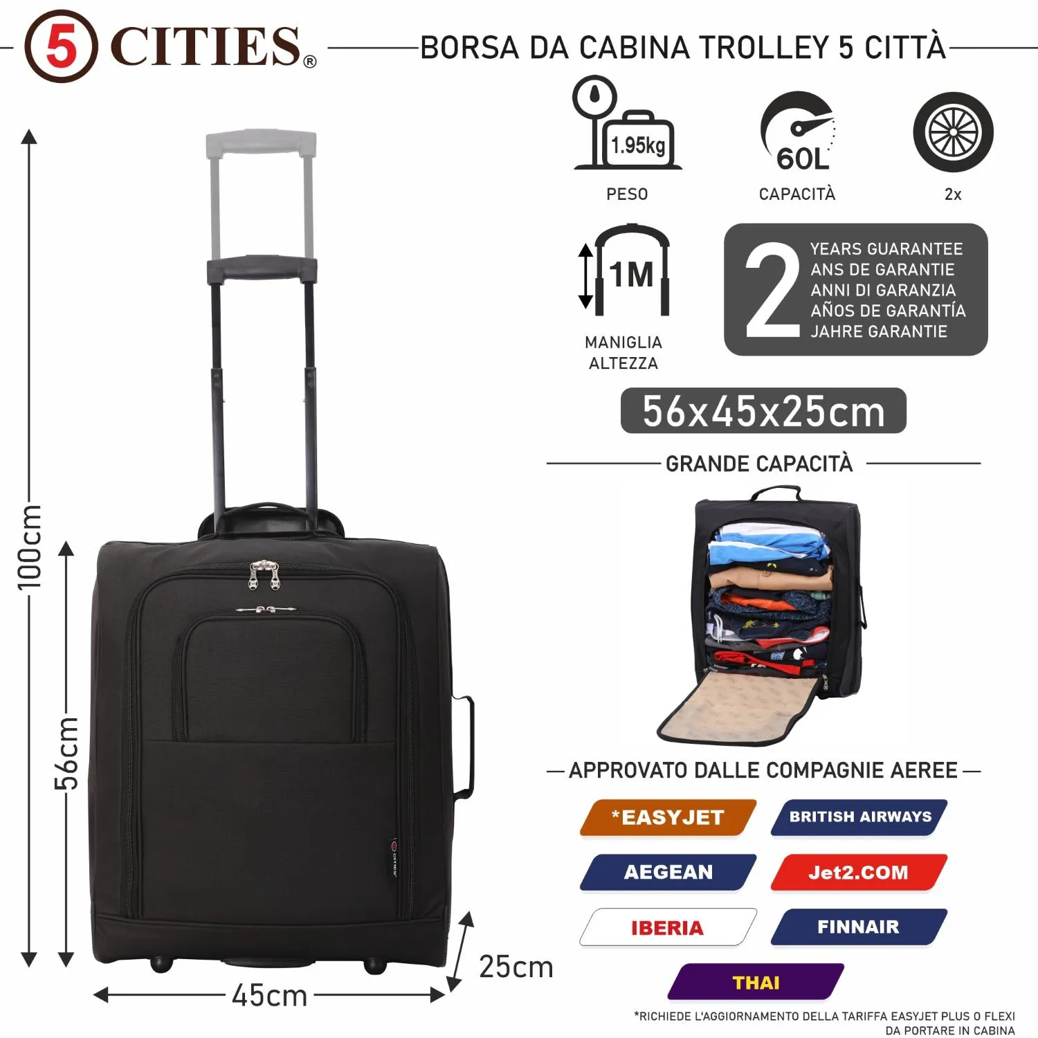 Aerolite 5 Cities 56x45x25 valigia morbida nero 60L British Airways