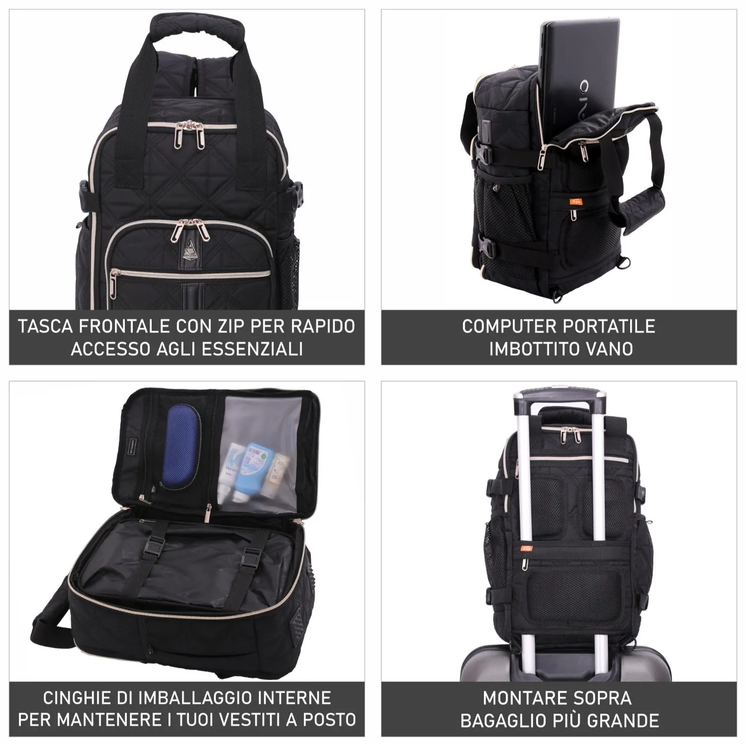 Aerolite 40x20x25 zaino nero 20L Ryanair trapuntato riciclato