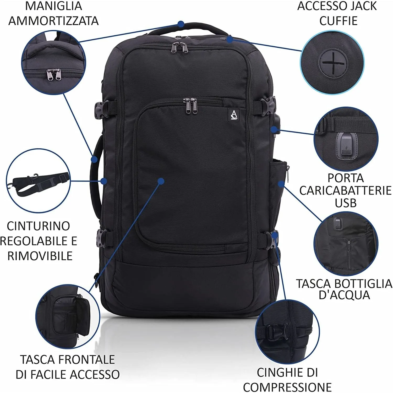 Aerolite 55x35x20 zaino borsone nero 3-in-1 porta PC 15,6"