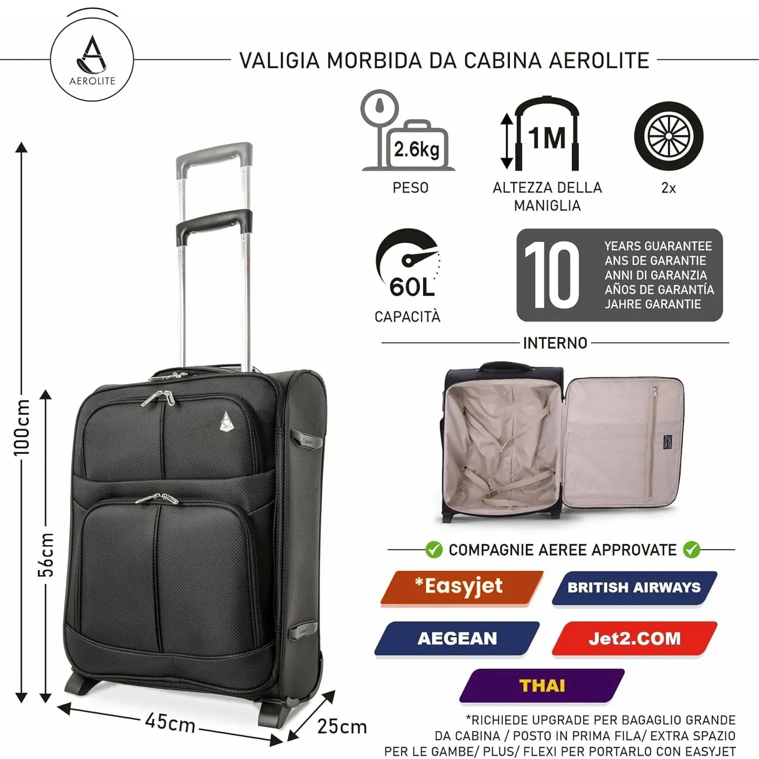 Aerolite 56x45x25cm Trolley Morbido Nero 60L British