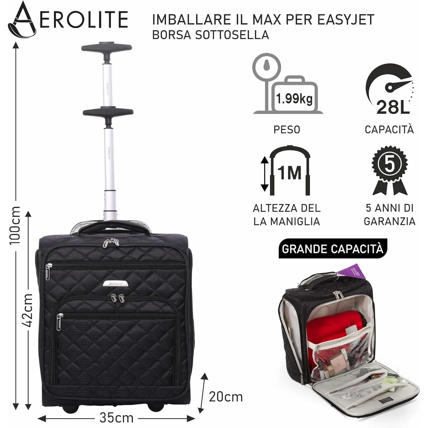 Aerolite 42x35x20cm Trolley Cabina Nero 28L Easyjet