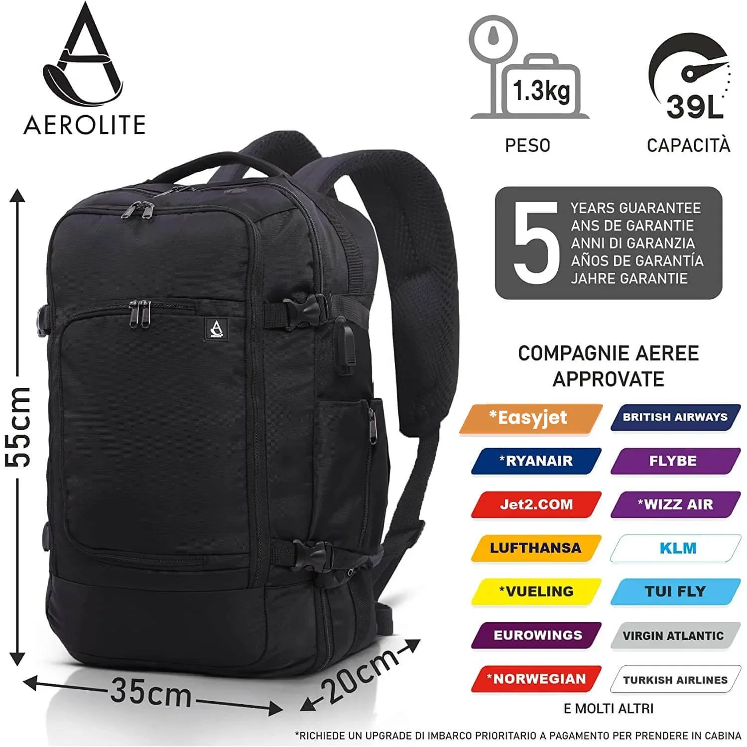 Aerolite 55x35x20 zaino borsone nero 3-in-1 porta PC 15,6"