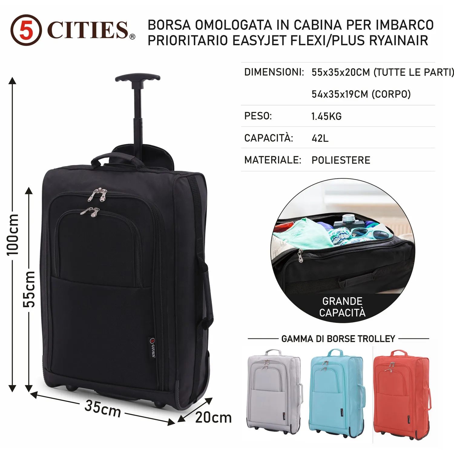 5 Cities Valencia 55x35x20cm Trolley Nero 42L Set 2
