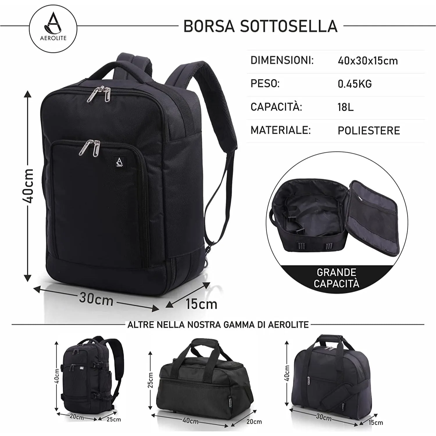 Aerolite 40x30x15cm Zaino Cabina Nero 18L Sottosedile